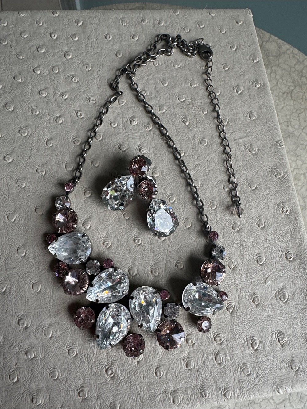 Sorrelli  Crystal Teardrop Statement Necklace & Earrings Set - Pink and Clear